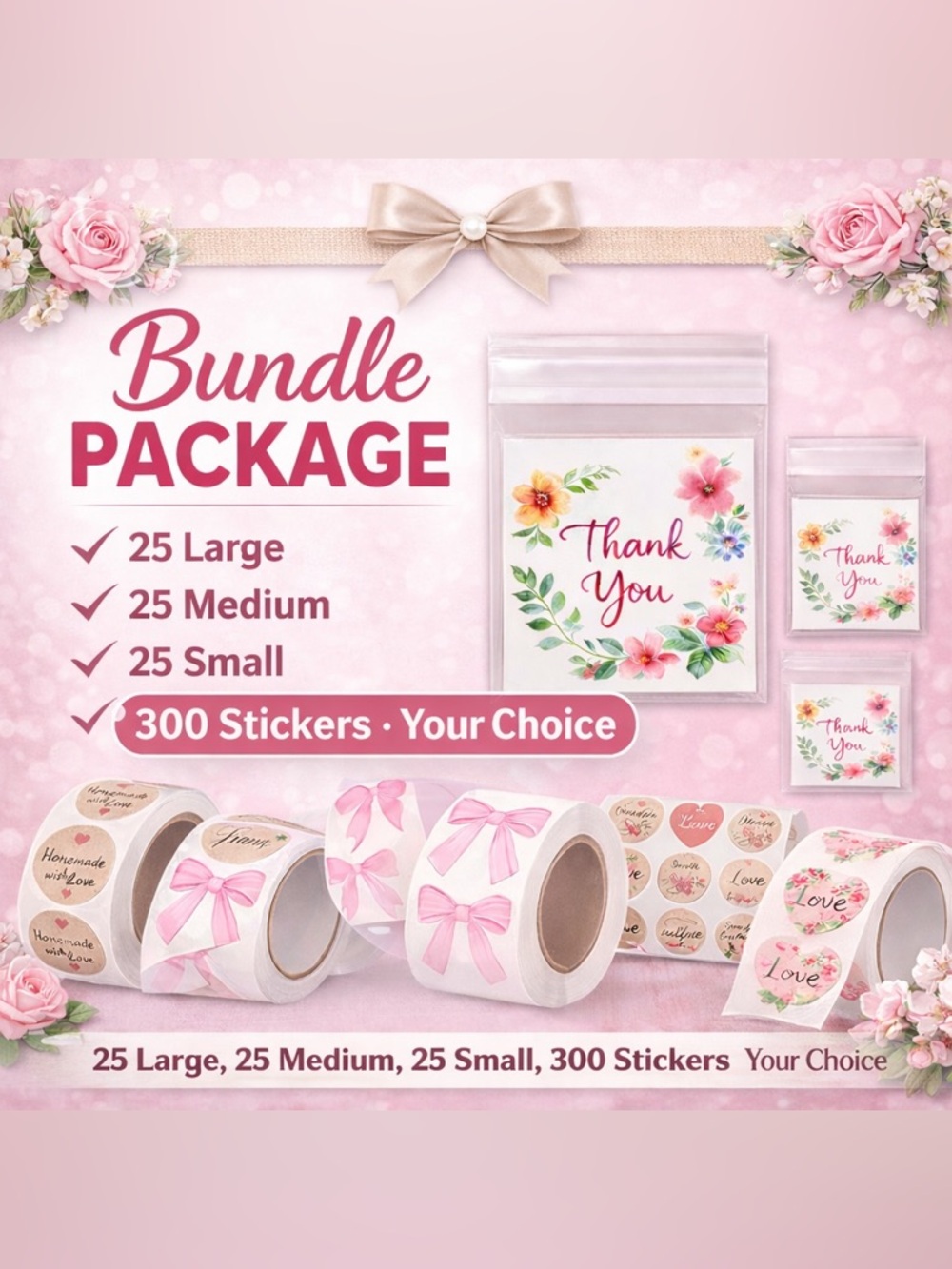 Bundle Self Adhesive Bags “Thank You “ and Roll Sticker 300pc